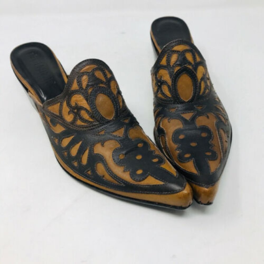 Gianni Barbato Brown Tan Tooled Mules Pointed Toe